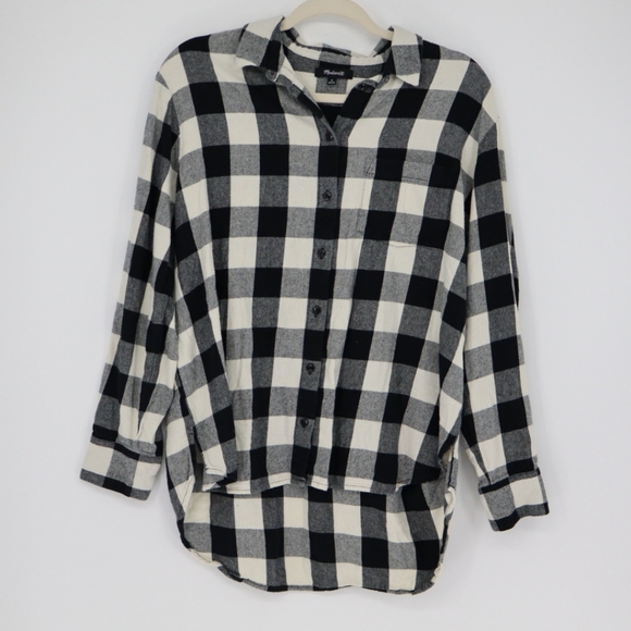 Madewell Women's Black White‎ Plaid Flannel Size Large Button Front Hi Low - Picture 1 of 13